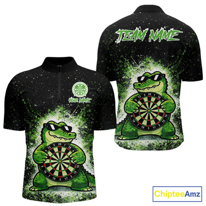 White And Green Funny Crocodile Hold Dartboard Dart 1/4-Zip Shirts For Men Custom Dart Team Shirts NYN2675