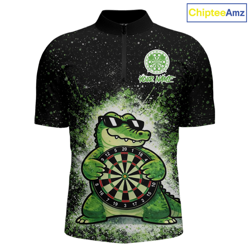 White And Green Funny Crocodile Hold Dartboard Dart 1/4-Zip Shirts For Men Custom Dart Team Shirts NYN2675