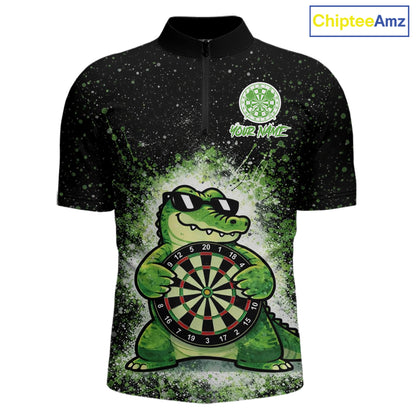White And Green Funny Crocodile Hold Dartboard Dart 1/4-Zip Shirts For Men Custom Dart Team Shirts NYN2675