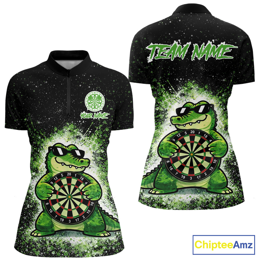 White And Green Funny Crocodile Hold Dartboard Dart 1/4-Zip Shirts For Women Custom Dart Team Shirts NYN2675