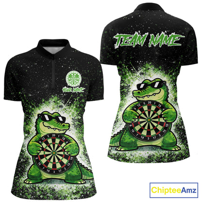 White And Green Funny Crocodile Hold Dartboard Dart 1/4-Zip Shirts For Women Custom Dart Team Shirts NYN2675