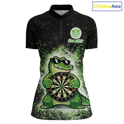 White And Green Funny Crocodile Hold Dartboard Dart 1/4-Zip Shirts For Women Custom Dart Team Shirts NYN2675