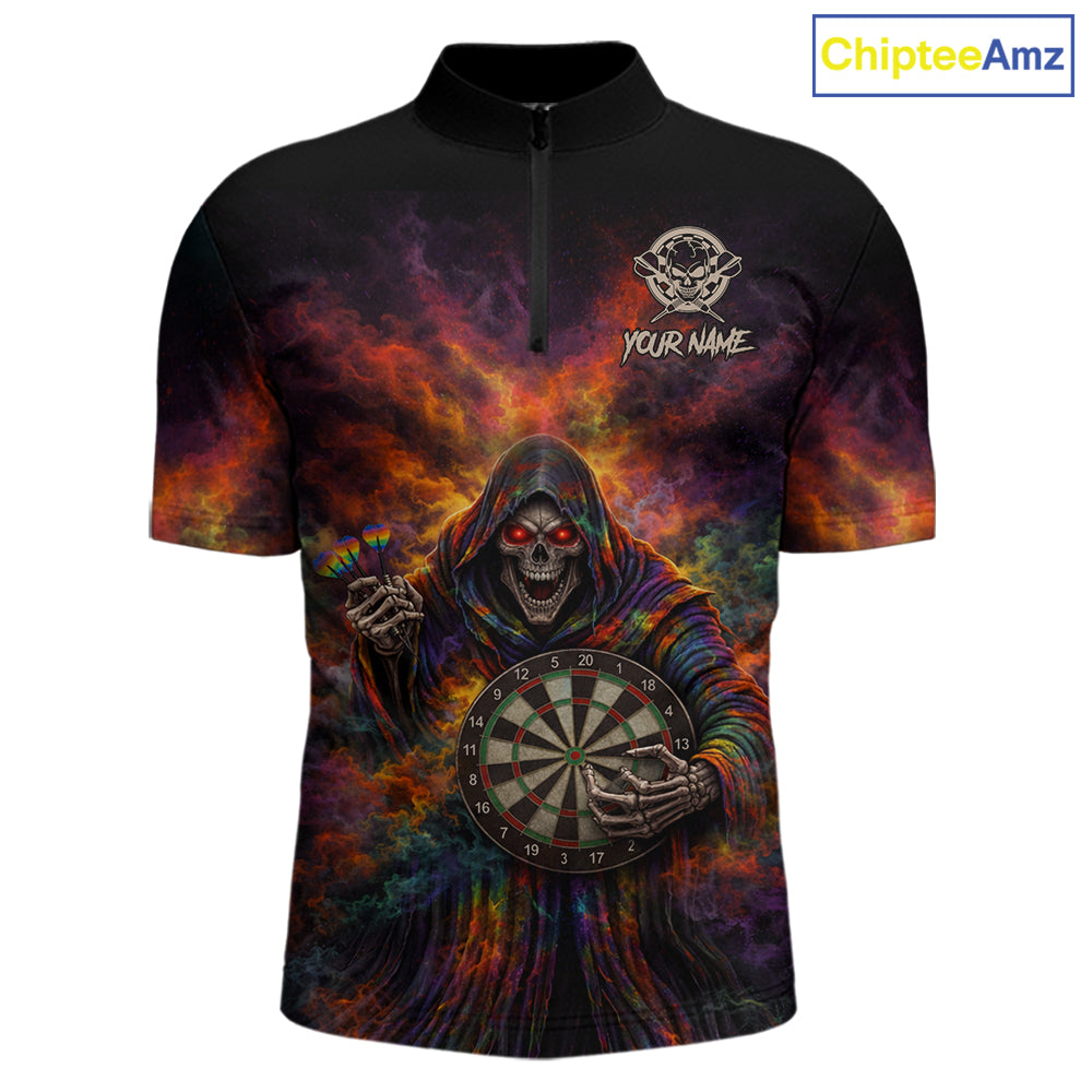 Colorful Smoke Horror Grim Reaper Dartboard Dart 1/4-Zip Shirts For Men Custom Dart Team Shirts NYN2677
