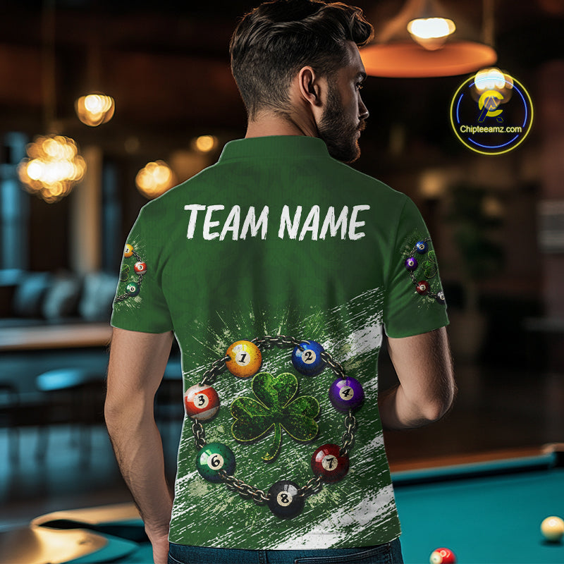 White Green Grunge Shamrock 8 Ball Men Billiards Shirt Personalized St Patrick's Day Pool Balls Shirt NYN2678