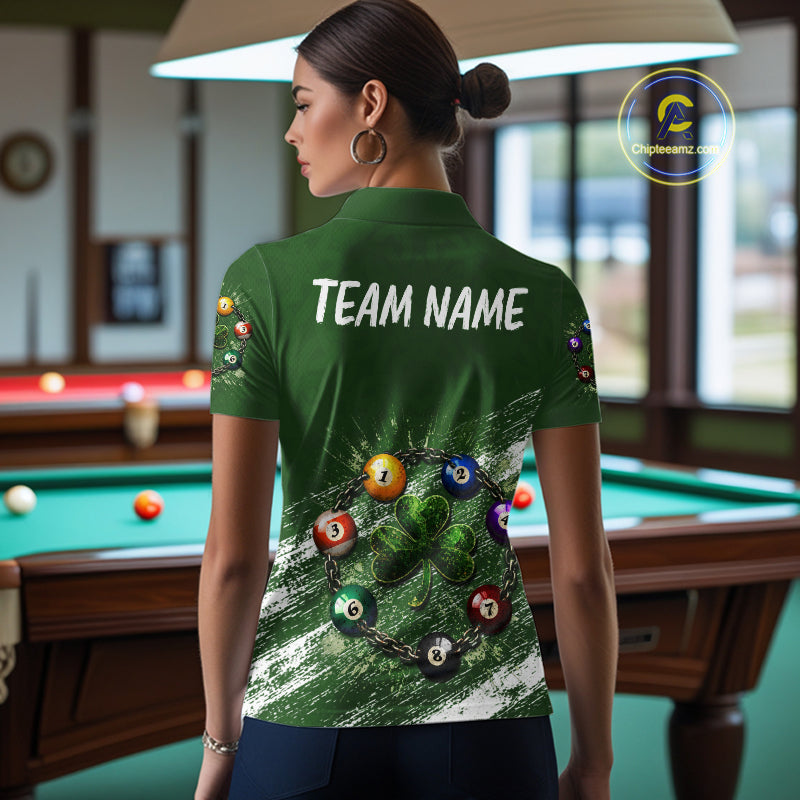 White Green Grunge Shamrock 8 Ball Women Billiards Shirt Personalized St Patrick's Day Pool Balls Shirt NYN2678