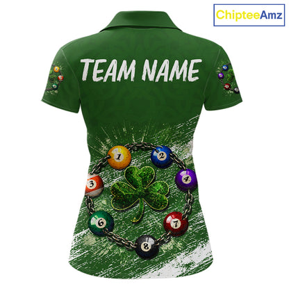 White Green Grunge Shamrock 8 Ball Women Billiards Shirt Personalized St Patrick's Day Pool Balls Shirt NYN2678
