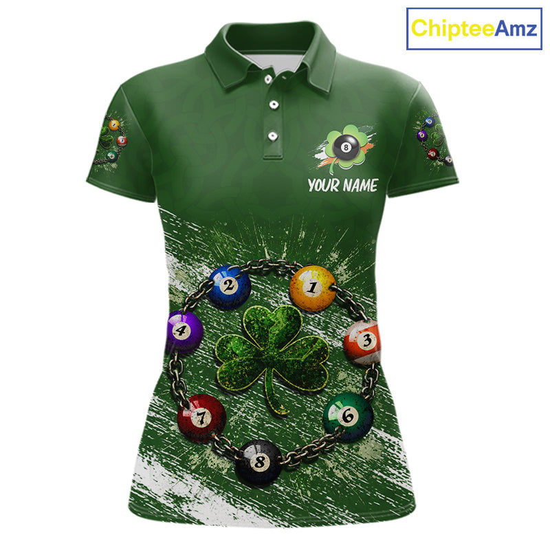 White Green Grunge Shamrock 8 Ball Women Billiards Shirt Personalized St Patrick's Day Pool Balls Shirt NYN2678