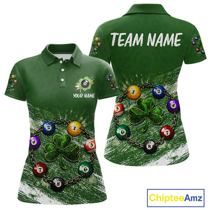 White Green Grunge Shamrock 8 Ball Women Billiards Shirt Personalized St Patrick's Day Pool Balls Shirt NYN2678