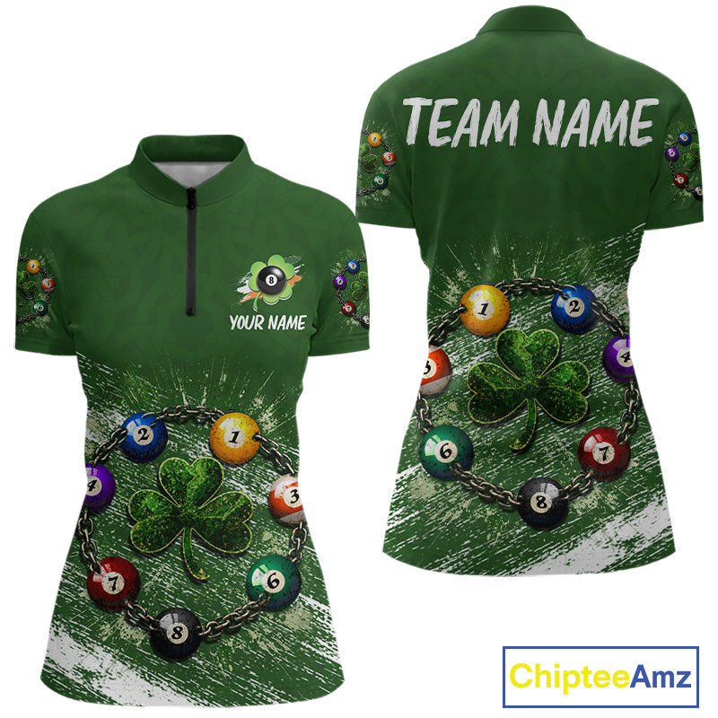 White Green Grunge Shamrock 8 Ball Women Billiards Shirt Personalized St Patrick's Day Pool Balls Shirt NYN2678