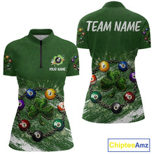 Load image into Gallery viewer, White Green Grunge Shamrock 8 Ball Women Billiards Shirt Personalized St Patrick's Day Pool Balls Shirt NYN2678