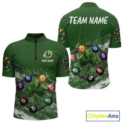 White Green Grunge Shamrock 8 Ball Men Billiards Shirt Personalized St Patrick's Day Pool Balls Shirt NYN2678