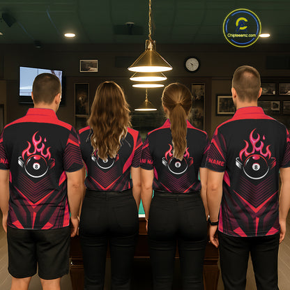 Red Flaming 8 Ball Pool Polo & 1/4-Zip Team Shirt For Women Custom Billiards Ball Apparel NYN2831