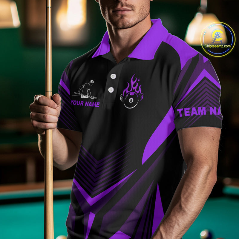 Purple Flaming 8 Ball Pool Polo & 1/4-Zip Team Shirt For Men Custom Billiards Ball Apparel NYN2832