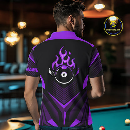 Purple Flaming 8 Ball Pool Polo & 1/4-Zip Team Shirt For Men Custom Billiards Ball Apparel NYN2832