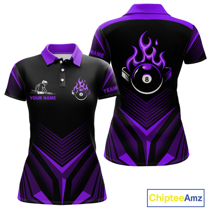 Purple Flaming 8 Ball Pool Polo & 1/4-Zip Team Shirt For Women Custom Billiards Ball Apparel NYN2832