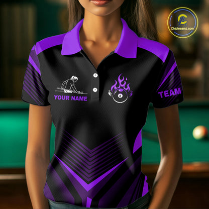 Purple Flaming 8 Ball Pool Polo & 1/4-Zip Team Shirt For Women Custom Billiards Ball Apparel NYN2832