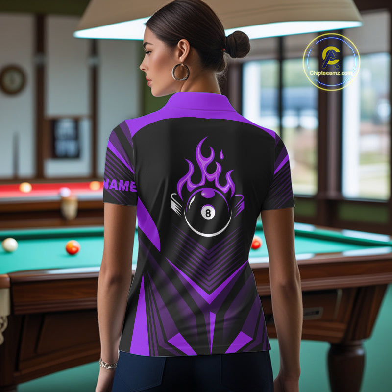 Purple Flaming 8 Ball Pool Polo & 1/4-Zip Team Shirt For Women Custom Billiards Ball Apparel NYN2832