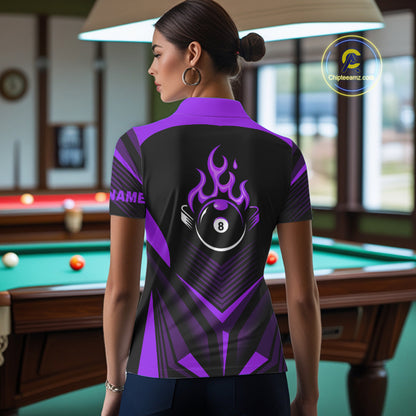 Purple Flaming 8 Ball Pool Polo & 1/4-Zip Team Shirt For Women Custom Billiards Ball Apparel NYN2832