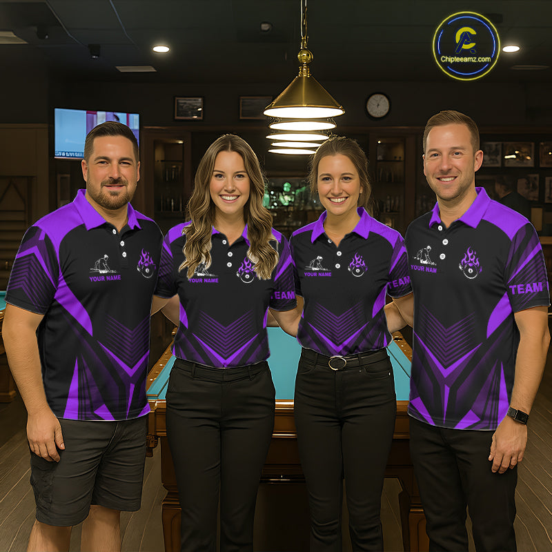 Purple Flaming 8 Ball Pool Polo & 1/4-Zip Team Shirt For Men Custom Billiards Ball Apparel NYN2832