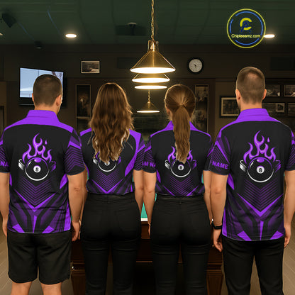 Purple Flaming 8 Ball Pool Polo & 1/4-Zip Team Shirt For Men Custom Billiards Ball Apparel NYN2832