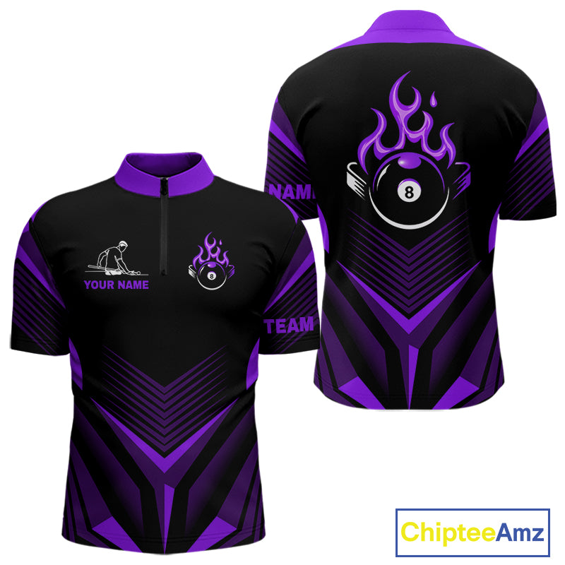 Purple Flaming 8 Ball Pool Polo & 1/4-Zip Team Shirt For Men Custom Billiards Ball Apparel NYN2832