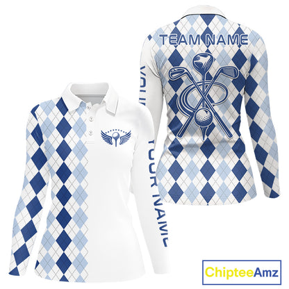 Womens Blue Argyle Pattern Golf Shirts Argyle Golf Clothing Custom Blue Golf Polo, Best Golf Gifts NYN3051