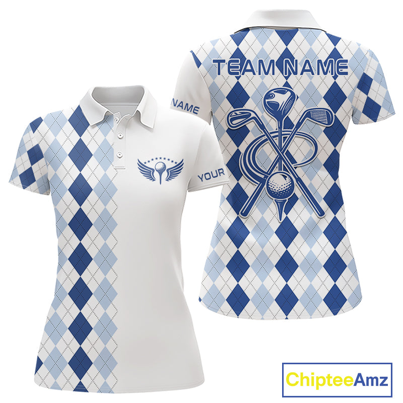 Womens Blue Argyle Pattern Golf Shirts Argyle Golf Clothing Custom Blue Golf Polo, Best Golf Gifts NYN3051