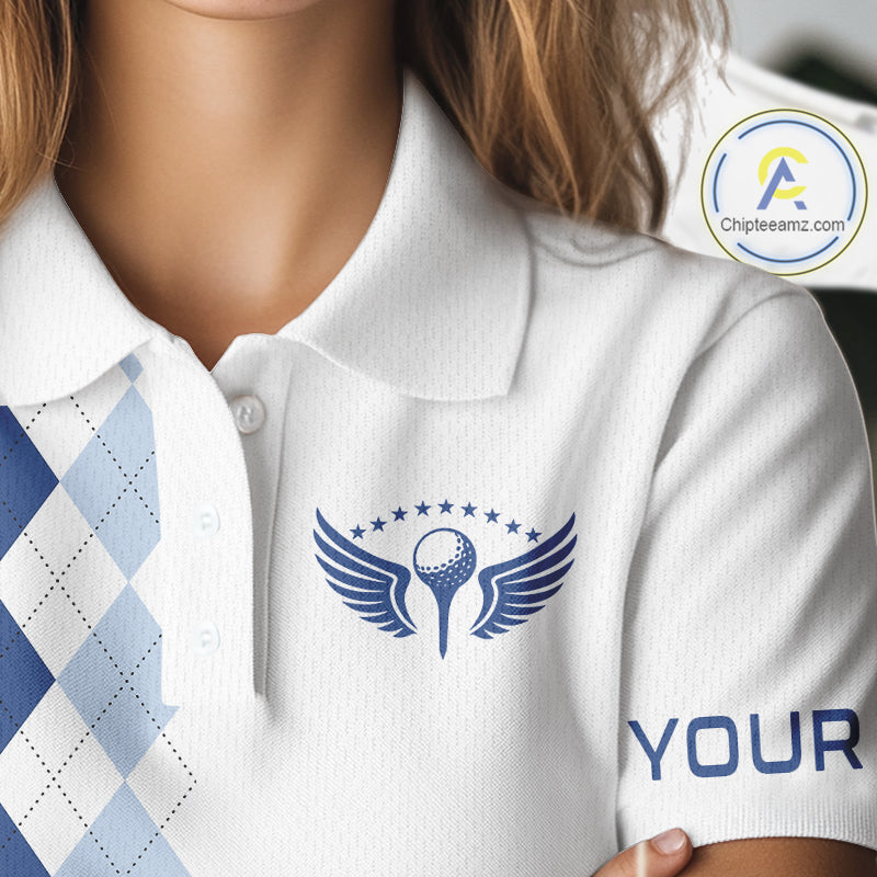 Womens Blue Argyle Pattern Golf Shirts Argyle Golf Clothing Custom Blue Golf Polo, Best Golf Gifts NYN3051