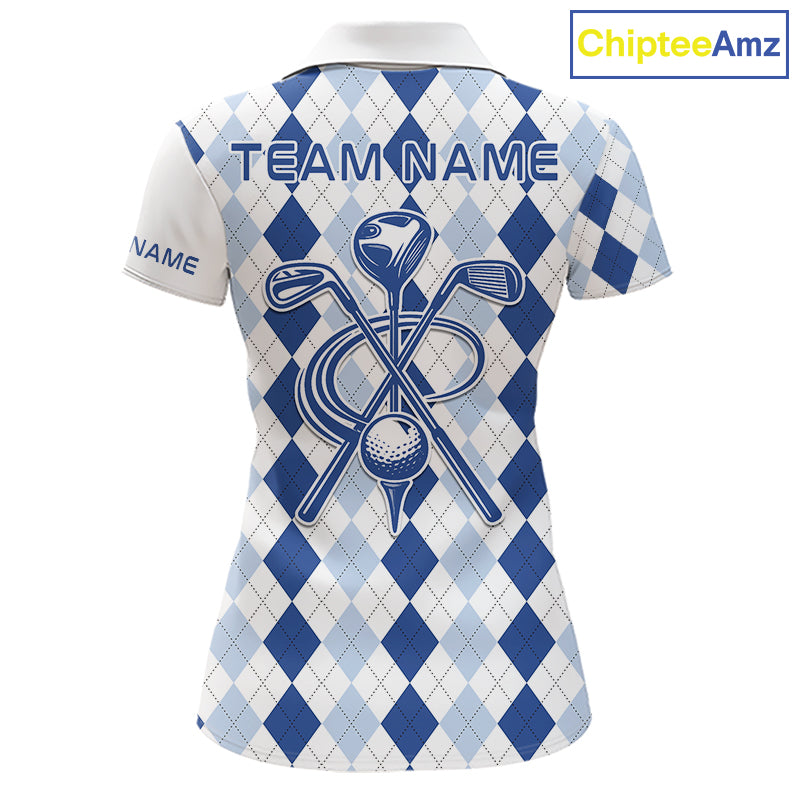 Womens Blue Argyle Pattern Golf Shirts Argyle Golf Clothing Custom Blue Golf Polo, Best Golf Gifts NYN3051