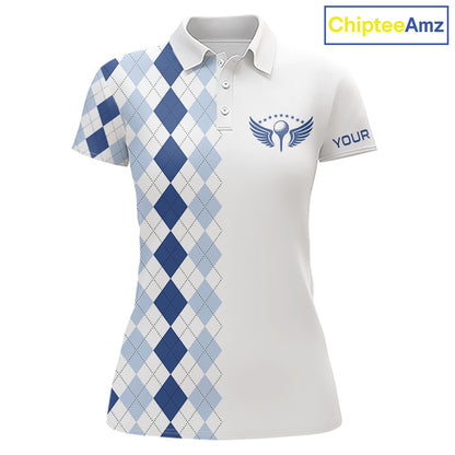 Womens Blue Argyle Pattern Golf Shirts Argyle Golf Clothing Custom Blue Golf Polo, Best Golf Gifts NYN3051