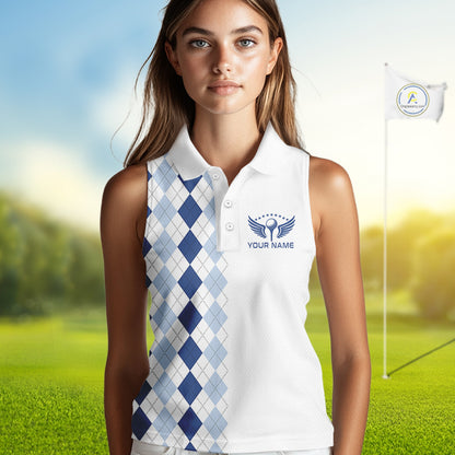 Womens Blue Argyle Golf Shirts Argyle Golf Clothing Custom Blue Golf Sleeveless Polo, Best Golf Gifts NYN3051