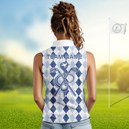 Womens Blue Argyle Golf Shirts Argyle Golf Clothing Custom Blue Golf Sleeveless Polo, Best Golf Gifts NYN3051