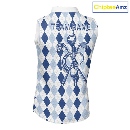 Womens Blue Argyle Golf Shirts Argyle Golf Clothing Custom Blue Golf Sleeveless Polo, Best Golf Gifts NYN3051