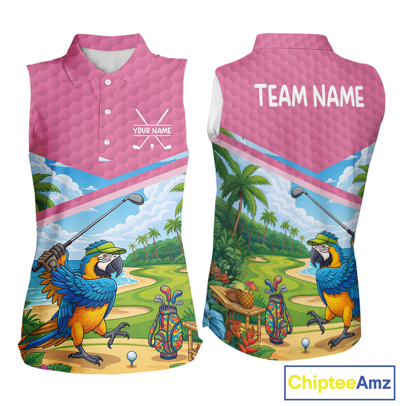 Tropical Funny Parrot Sleeveless Polo Golf Shirts For Women Custom Parrot Golf Attire For Golfers NYN3059