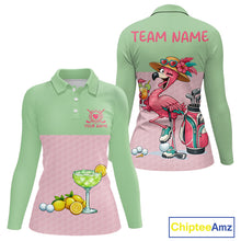 Load image into Gallery viewer, Tropical Funny Flamingo Polo Golf Shirts For Women Custom Pink &amp; Green Golf Team Attire For Golfers NYN3062