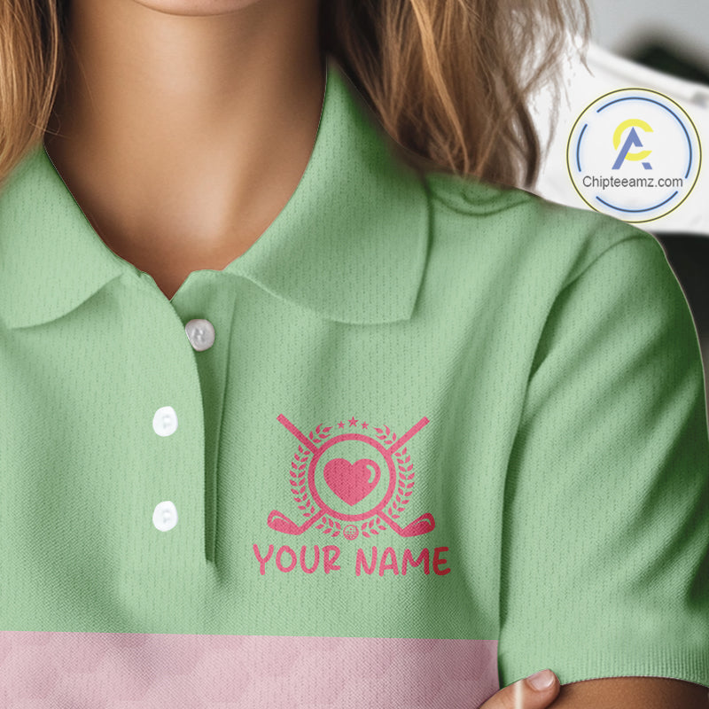 Tropical Funny Flamingo Polo Golf Shirts For Women Custom Pink & Green Golf Team Attire For Golfers NYN3062