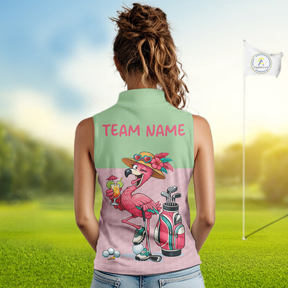 Tropical Flamingo Sleeveless Polo Golf Shirts For Women Custom Pink & Green Golf Team Attire For Golfers NYN3062
