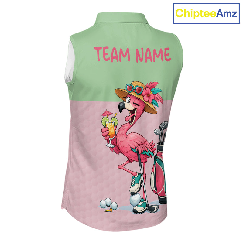 Tropical Flamingo Sleeveless Polo Golf Shirts For Women Custom Pink & Green Golf Team Attire For Golfers NYN3062