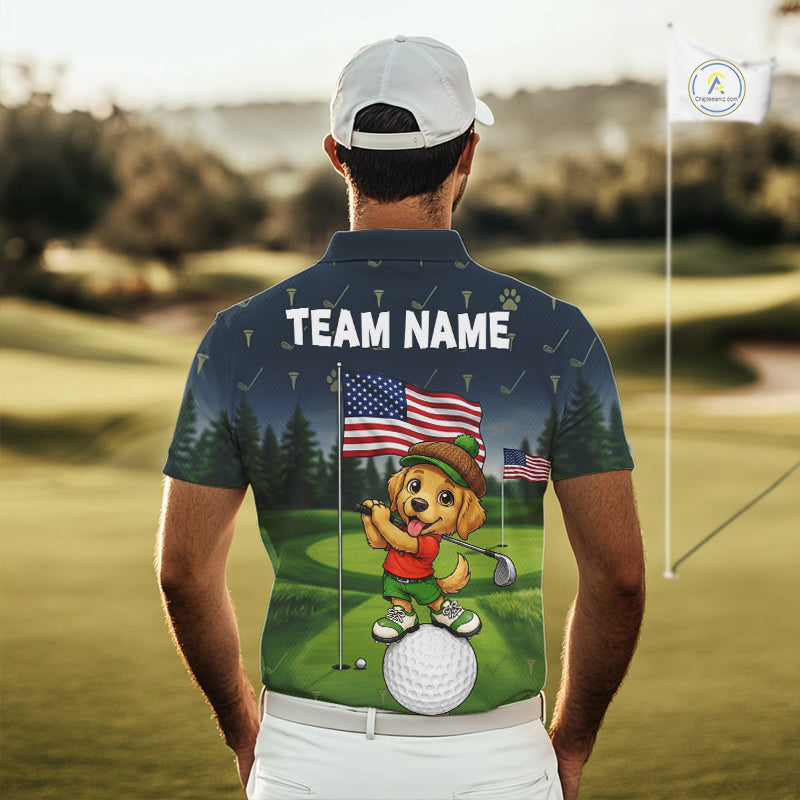 Man wearing patriotic Golden Retriever golf polo shirt with American flag design