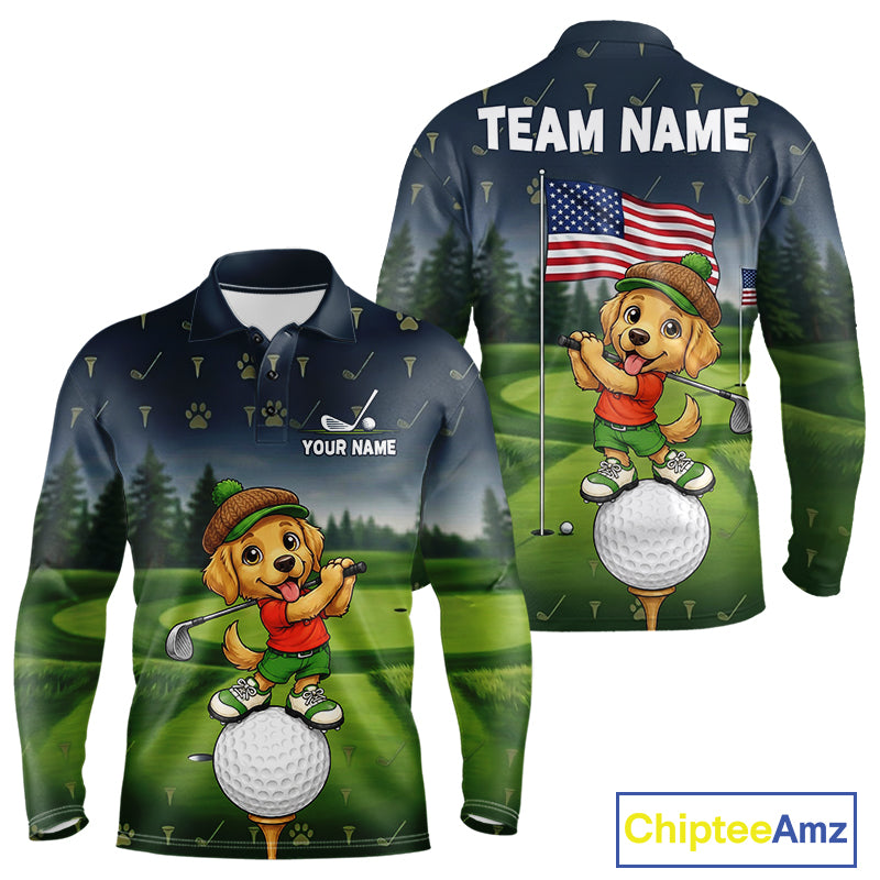 Men's American Flag Golden Retriever golf polo shirt mockup patriotic golf team outfit