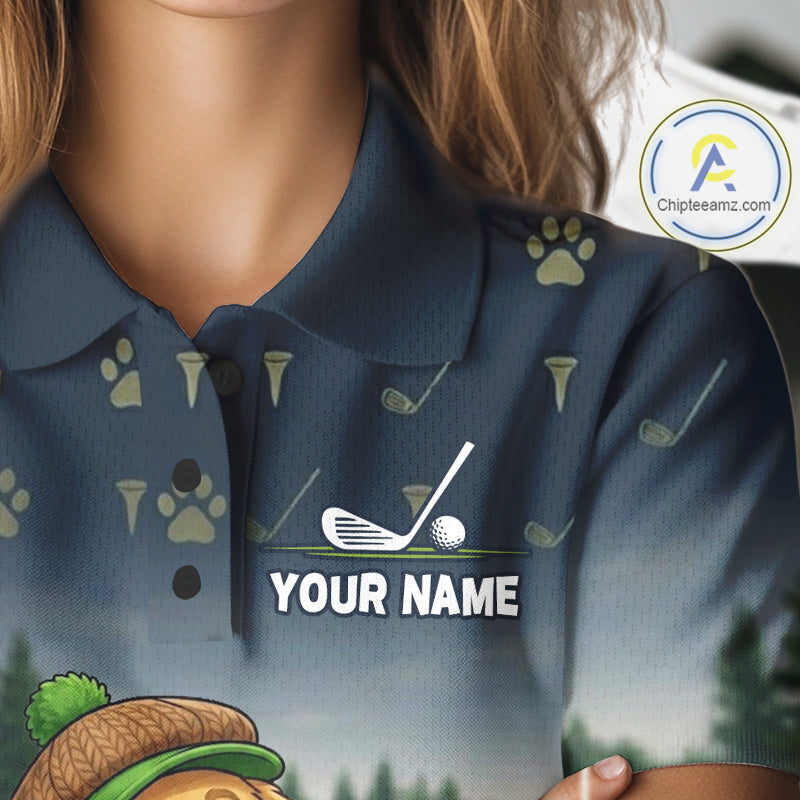 Woman wearing patriotic Golden Retriever golf polo shirt with American flag design