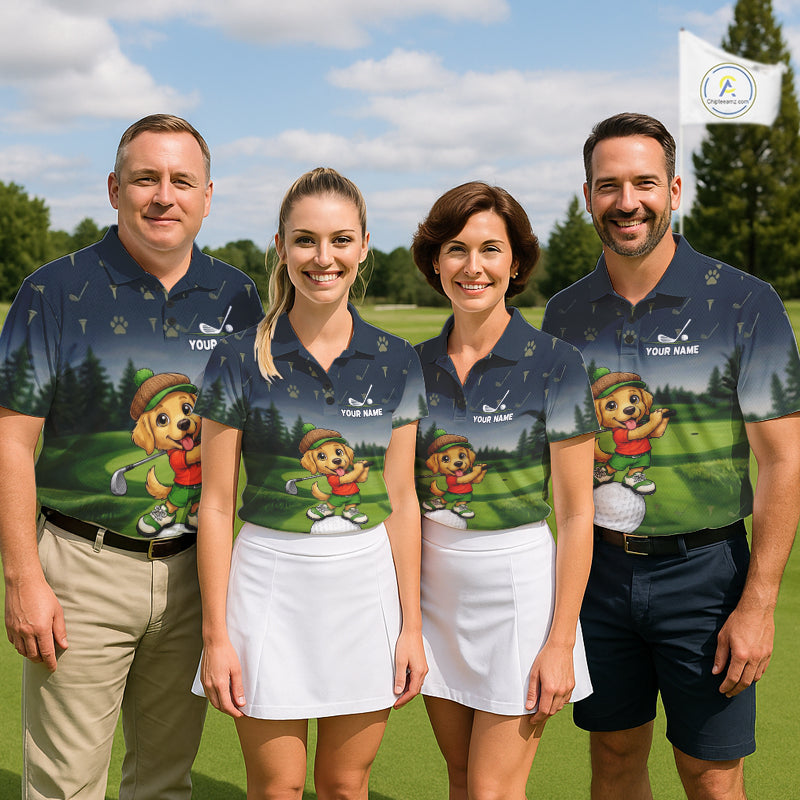 Men's golf team wearing patriotic Golden Retriever golf polos for tournament apparel