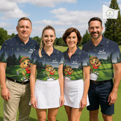 Men's golf team wearing patriotic Golden Retriever golf polos for tournament apparel