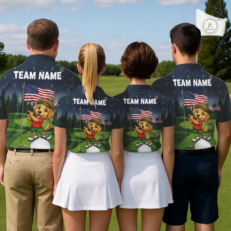 Men's golf team wearing patriotic Golden Retriever golf polos for tournament apparel