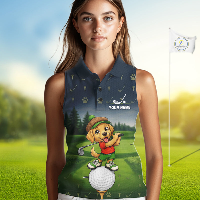 Woman wearing patriotic Golden Retriever golf sleeveless polo shirt with American flag design