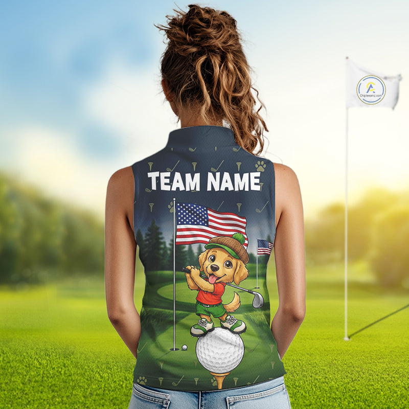 Woman wearing patriotic Golden Retriever golf sleeveless polo shirt with American flag design