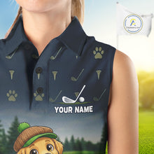 Load image into Gallery viewer, Woman wearing patriotic Golden Retriever golf sleeveless polo shirt with American flag design