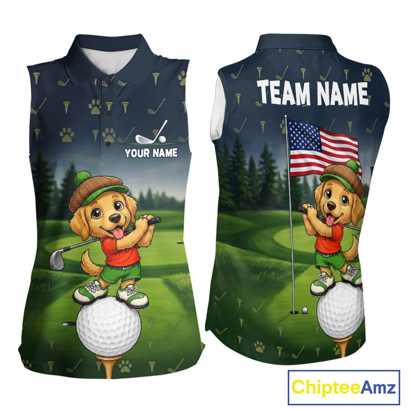 Women's American Flag Golden Retriever golf sleeveless polo shirt mockup patriotic golf team outfit