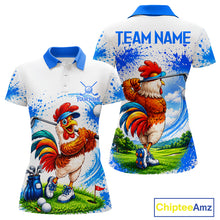 Load image into Gallery viewer, Women's funny rooster golfer golf polo shirt mockup blue splatter golf apparel