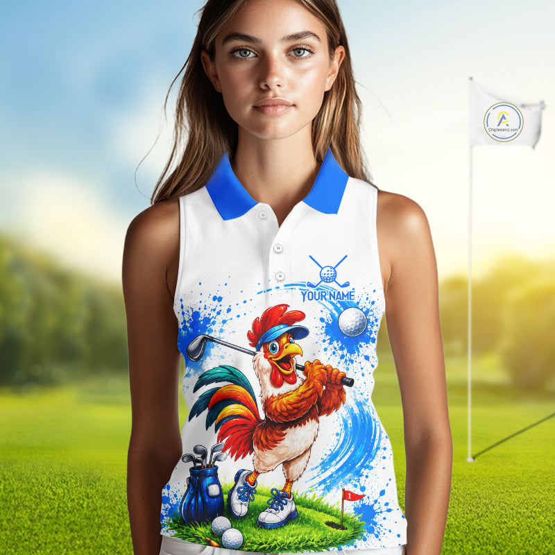 Woman wearing rooster golfer golf sleeveless polo shirt on golf course